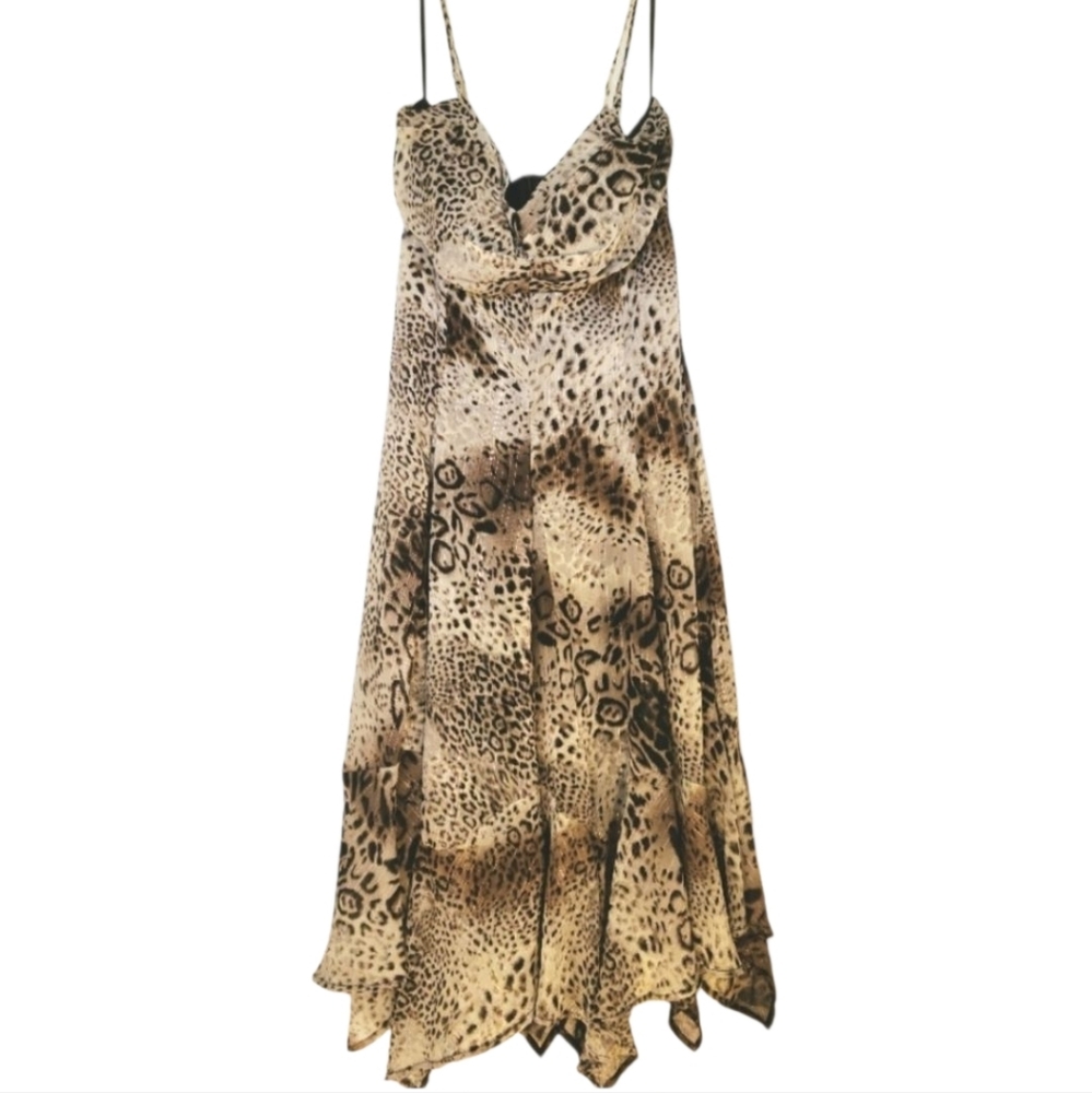 Vintage Y2K Babydoll Fairy Grunge Brown Leopard Asymetrical Midi Dress Sz M